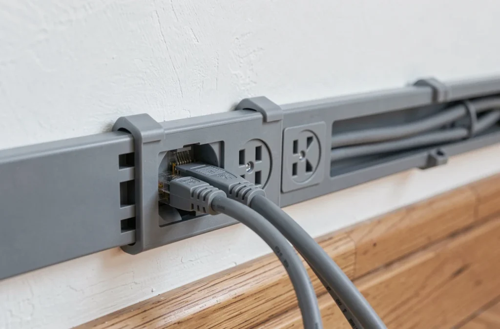 Gros plan sur une prise électrique intégrée dans une goulotte PVC grise fixée au mur avec câbles soigneusement rangés