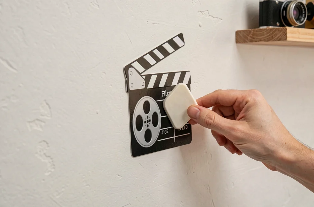 Gros plan d'un sticker vinyle Filmorex clap de cinéma appliqué sur mur blanc avec outil de pose
