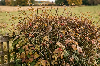 Haie végétale mixte composée d'aubépine, de prunellier et d'églantier en automne, favorisant la biodiversité avec un troglodyte perché dans les branches