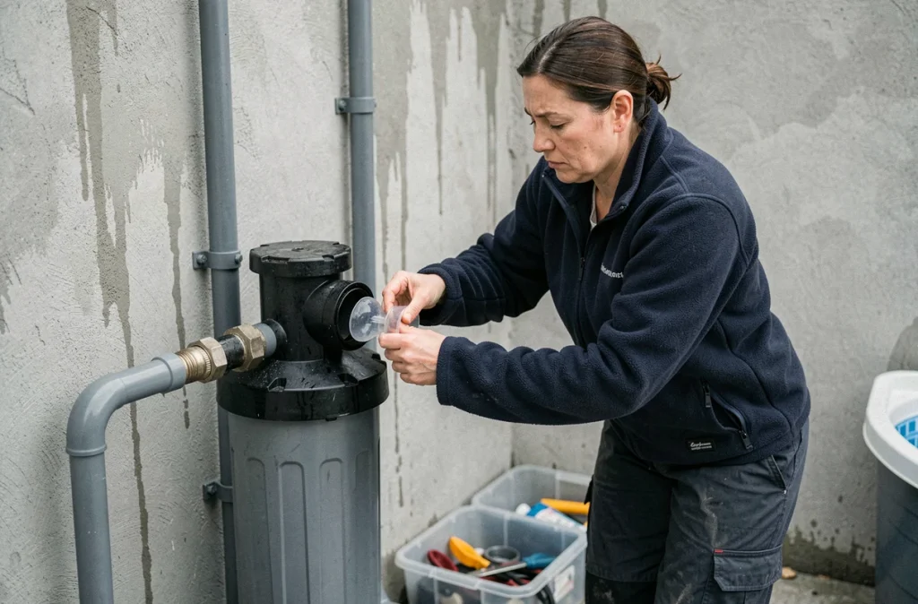 Femme installant un bouchon d'hivernage sur le circuit de filtration d'une piscine