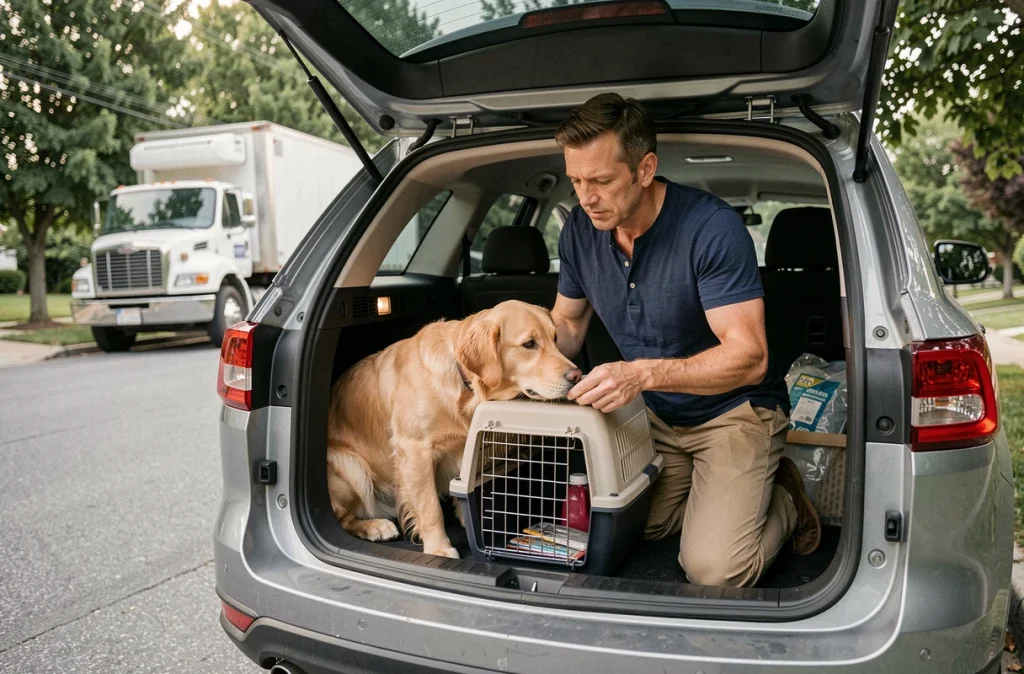 Homme plaçant la cage de transport de son chien dans le coffre d'un SUV lors d'un déménagement