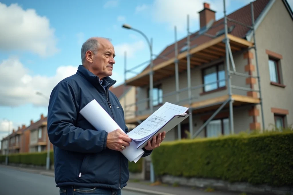 Homme tenant un devis et des plans devant une maison en rénovation pour un projet de permis de construire