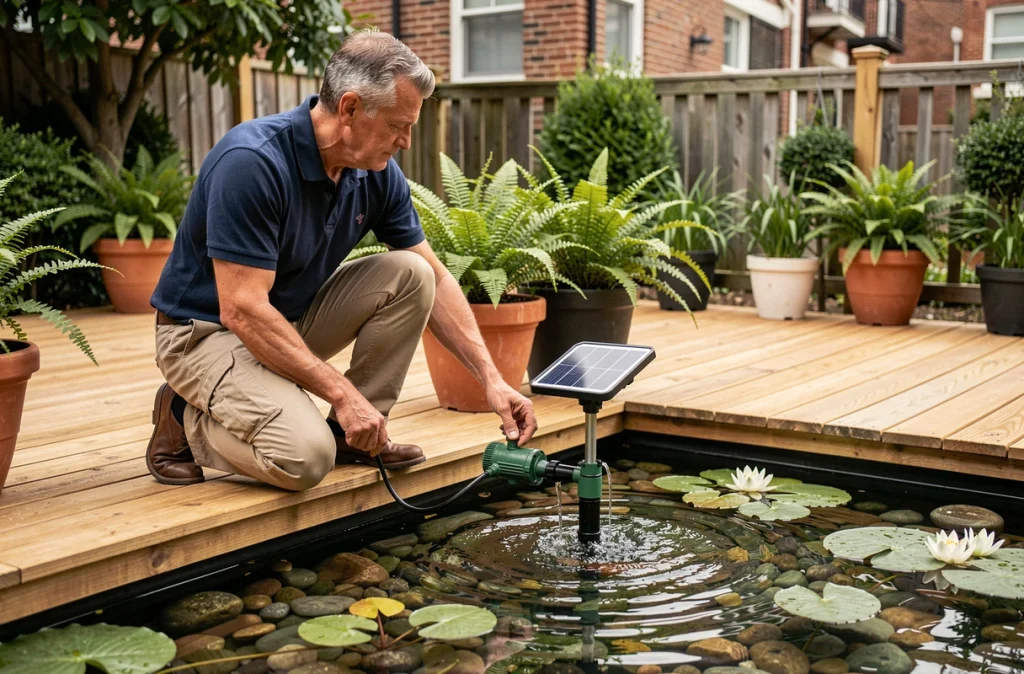 Homme connectant une pompe de fontaine solaire dans un bassin de jardin urbain