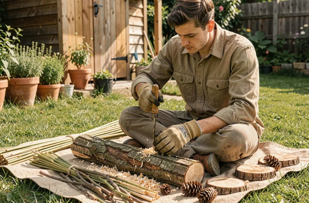 Jeune homme perçant un rondin de bois pour créer un hôtel à insectes avec des matériaux naturels