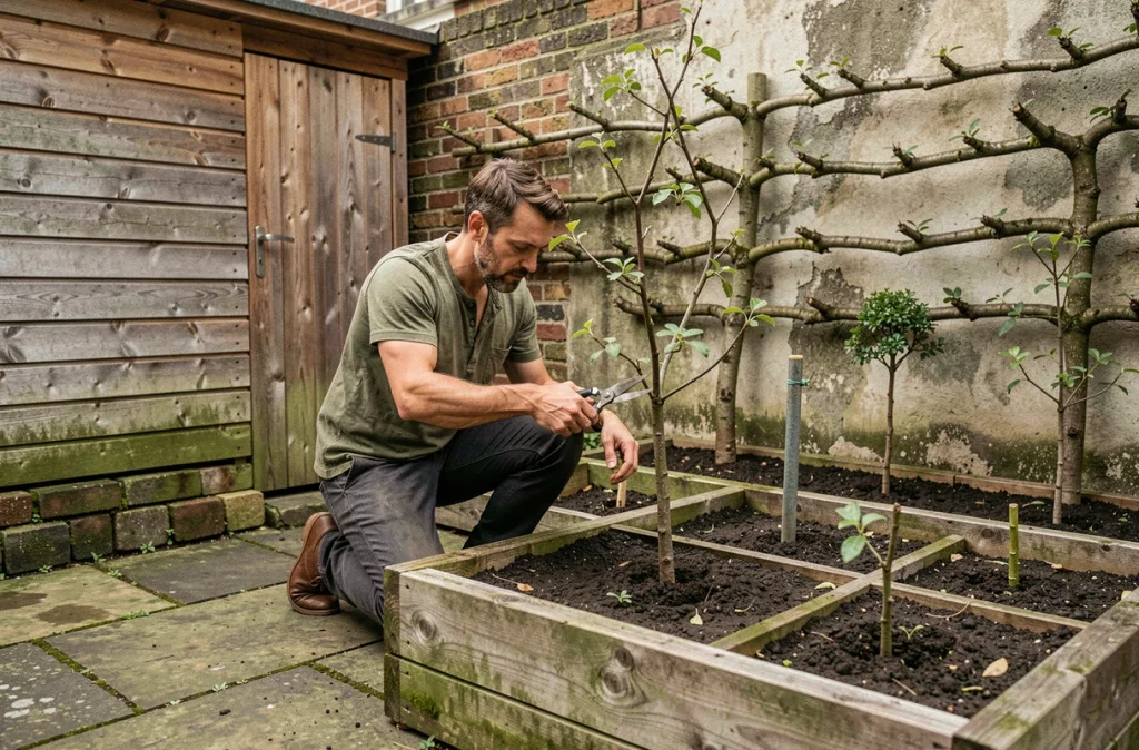 Homme taillant un jeune poirier en espalier dans un petit jardin urbain en pierre