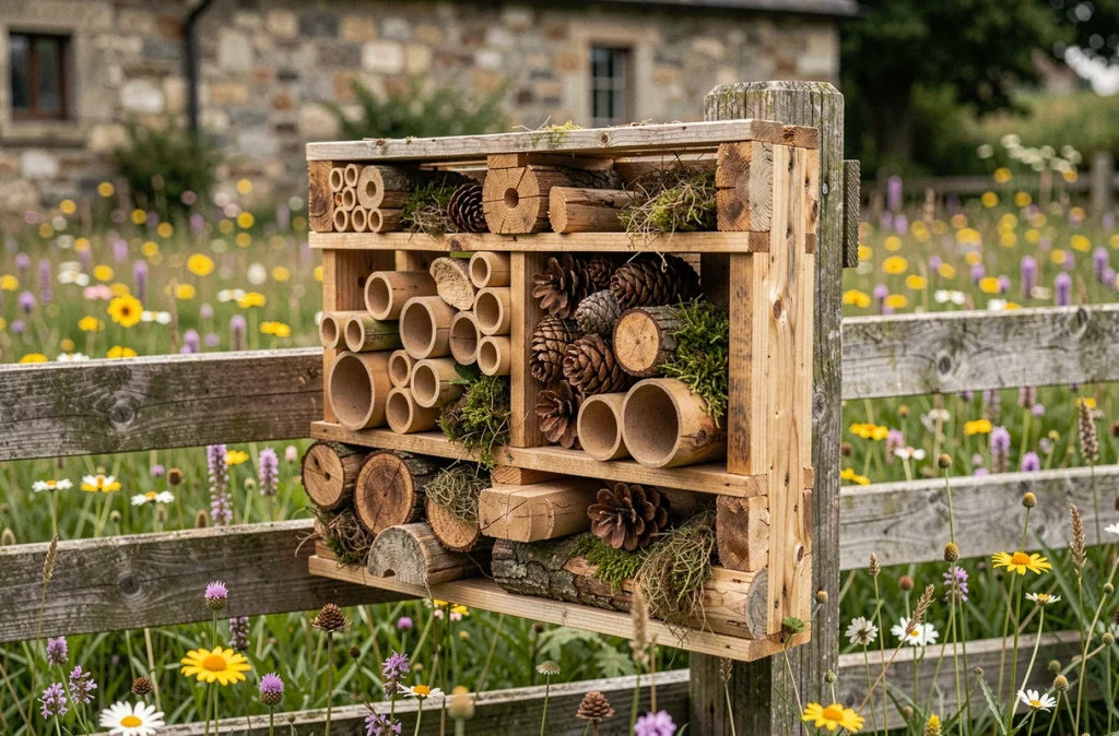 Hôtel à insectes fabriqué avec des matériaux naturels fixé sur un poteau en bois dans un jardin fleuri