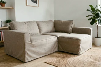 Housse de canapé en L sur mesure en lin beige ajustée parfaitement sur un angle atypique dans un salon scandinave