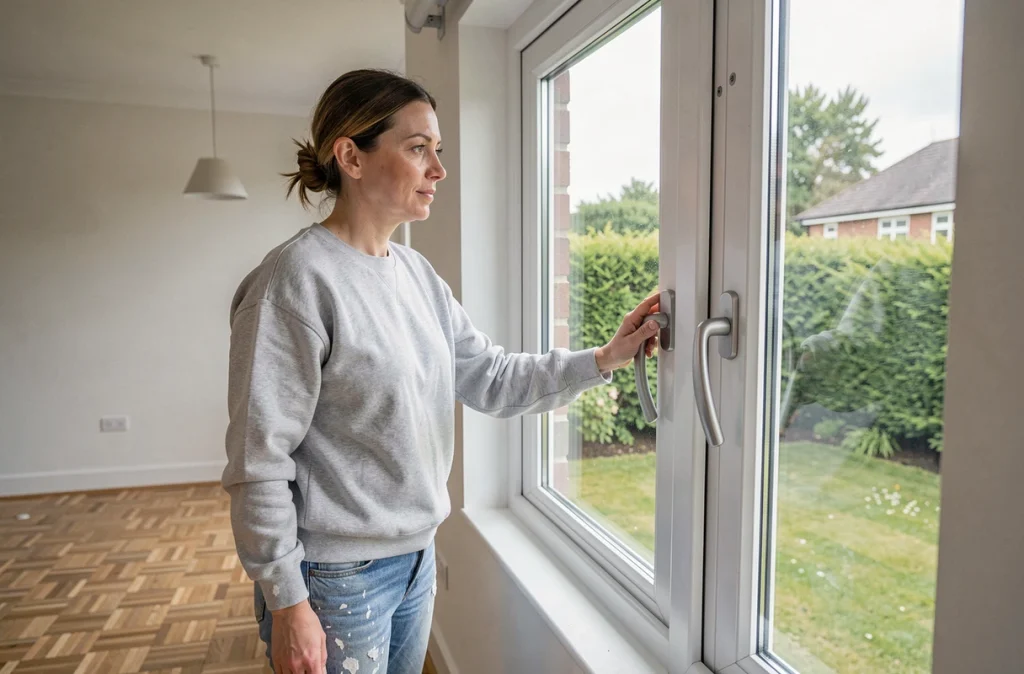 Femme inspectant une fenêtre à double vitrage nouvellement installée dans un salon rénové