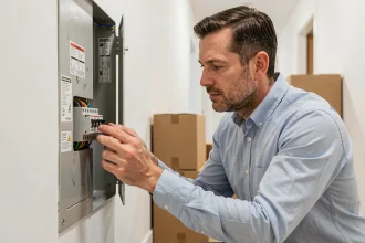 Homme inspectant le tableau électrique dans un nouveau logement lors d'une mise en service des énergies