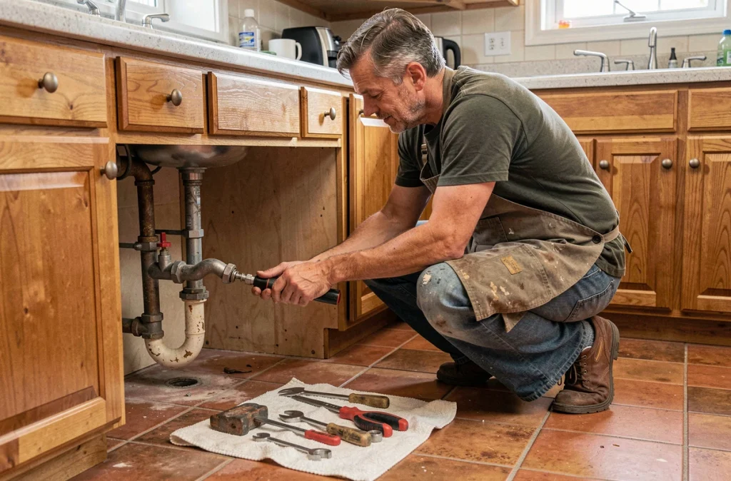 Homme installant un système économe en eau sous l'évier de cuisine lors de travaux de rénovation