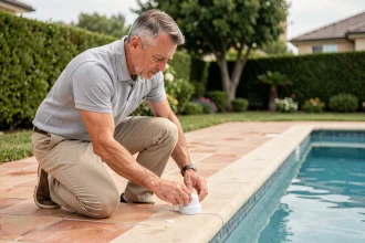 Homme installant une alarme de piscine sur le bord d'une piscine extérieure résidentielle dans un jardin ensoleillé