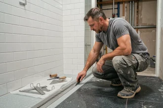 Plombier installant le receveur et le siphon linéaire d'une douche à l'italienne dans une salle de bain en rénovation