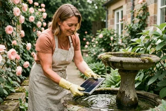 Femme installant une fontaine solaire en pierre dans un jardin fleuri