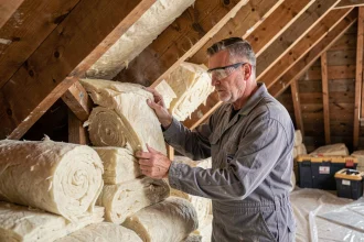 Artisan installant une isolation en laine minérale dans les combles d'une maison pour améliorer les performances énergétiques