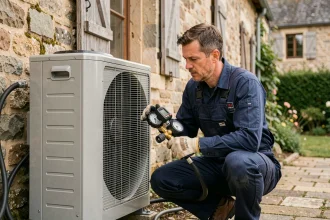 Technicien installant une pompe à chaleur sur le mur extérieur en pierre d'une maison ancienne