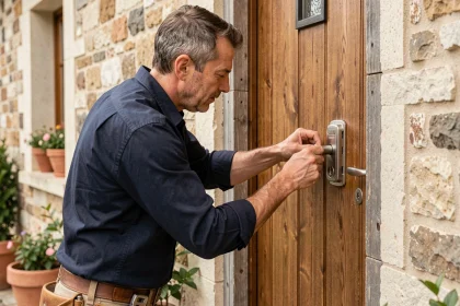 Serrurier installant une serrure haute sécurité sur une porte d'entrée en chêne massif pour protéger un domicile contre les cambriolages