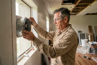 Ouvrier installant un ventilateur temporaire dans une fenêtre lors de travaux de rénovation intérieure