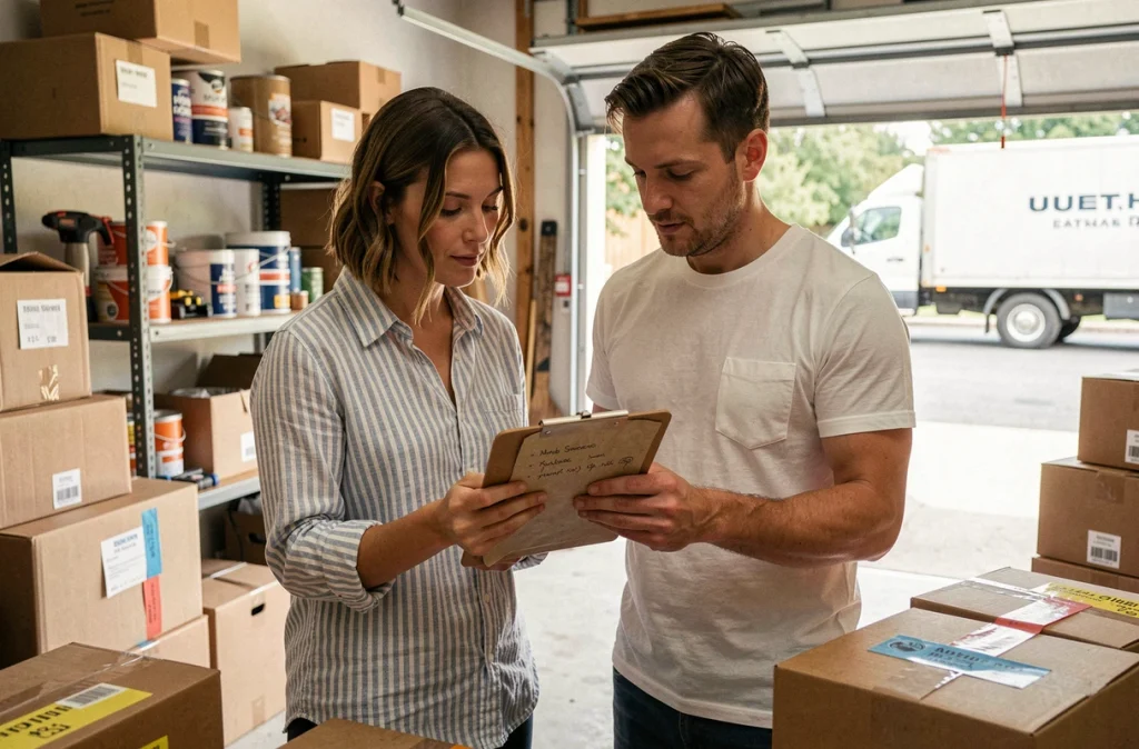 Couple consultant une liste d'inventaire dans un garage rempli de cartons colorés prêts pour le déménagement