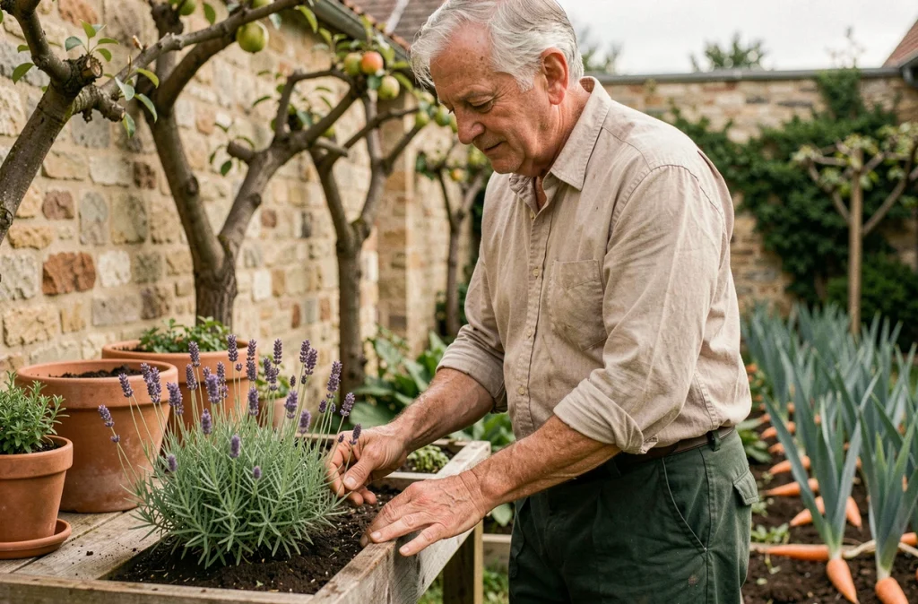 Jardinier expérimenté intégrant de la lavande comme plante compagne dans un potager traditionnel sans pesticides