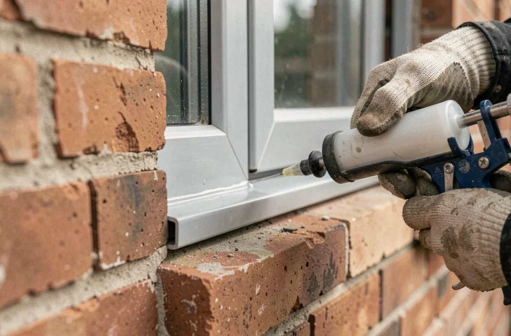 Gros plan sur l'application de mastic silicone autour d'un cadre de fenêtre double vitrage en PVC