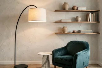 Lampadaire arc sculptural au design original transformant un coin salon moderne sans travaux