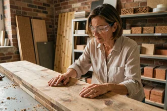 Femme examinant des planches en bois recyclé dans un atelier de rénovation écologique entouré de matériaux naturels
