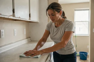 Femme faisant le ménage dans une cuisine vide avant de quitter son ancien logement