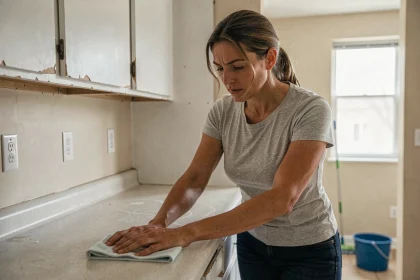 Femme faisant le ménage dans une cuisine vide avant de quitter son ancien logement