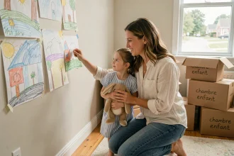 Mère et fille installant des dessins dans une nouvelle chambre lors d'un déménagement serein