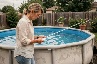 Femme mesurant le diamètre d'une piscine ronde avec un mètre ruban pour calculer les m2 et commander une bâche sur mesure