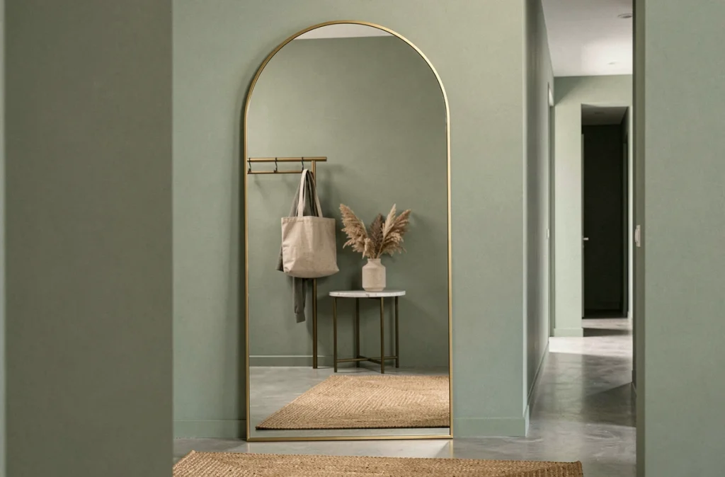 Miroir arrondi XXL en laiton sur mur vert sauge dans une entrée de studio, reflétant une console en marbre et un vase en céramique avec herbe de la pampa