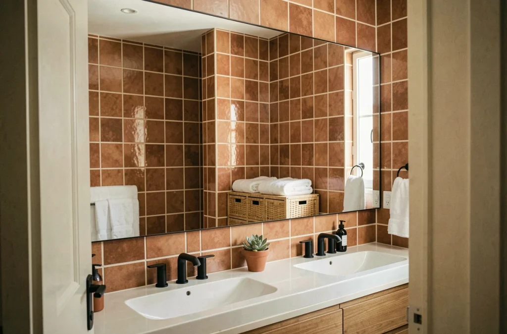 Grande salle de bain avec miroir mur à mur au-dessus d'un double vasque en céramique, reflétant des carreaux zellige en terre cuite et agrandissant visuellement l'espace