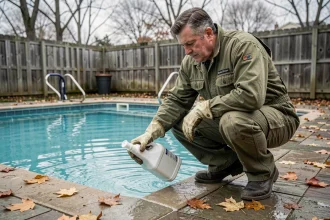 Homme ajoutant un produit hivernant dans une piscine extérieure en automne lors de la mise en hivernage