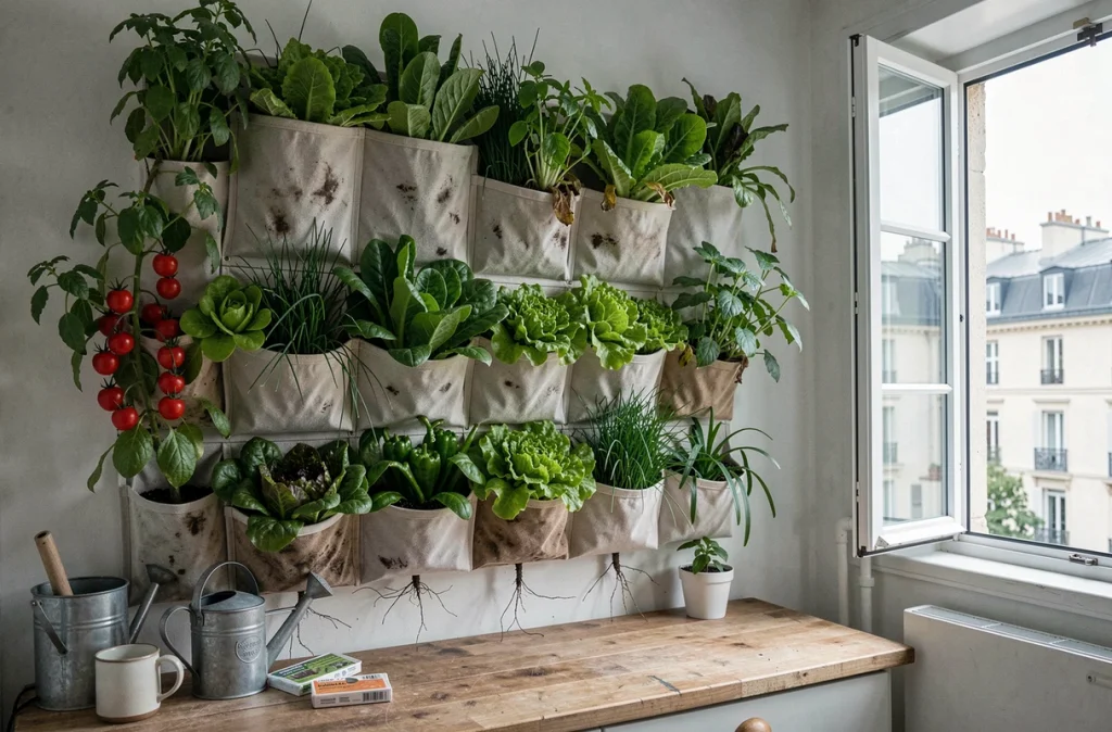 Mur végétal potager intérieur avec poches de culture garnies de laitues, tomates cerises et herbes aromatiques dans un appartement parisien
