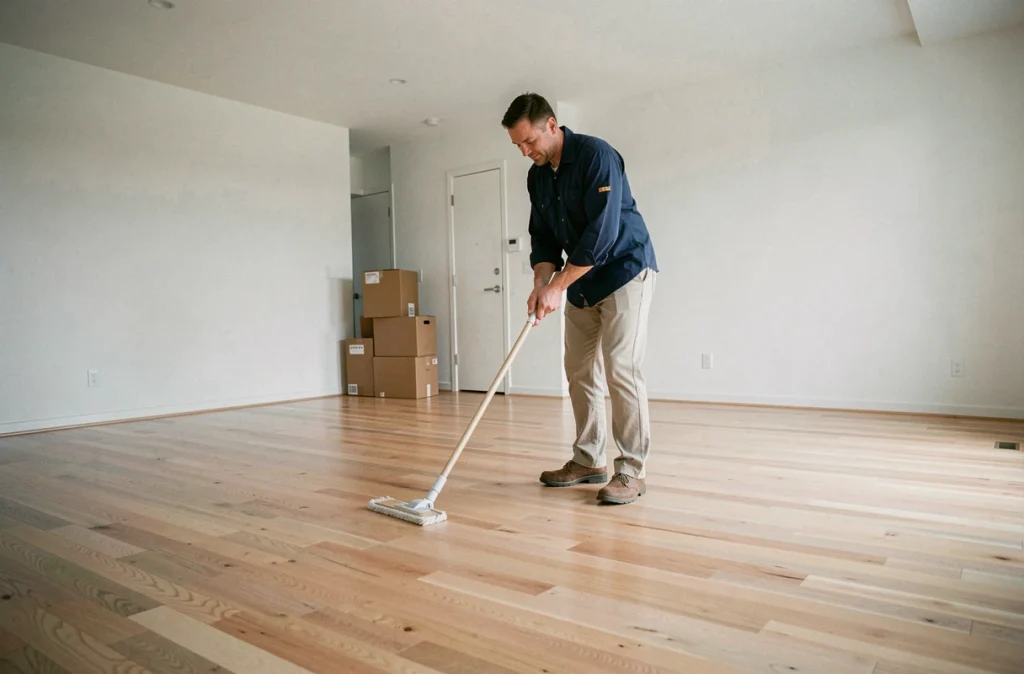 Homme qui nettoie le parquet d'un nouveau logement vide avant l'emménagement