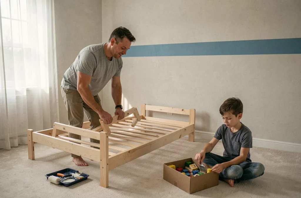 Père et fils assemblant un lit d'enfant dans une nouvelle maison pendant un déménagement