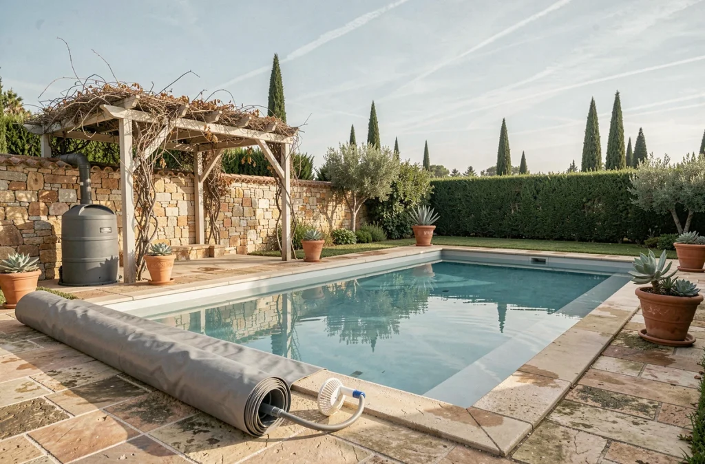 Piscine résidentielle avec équipements d'économie d'eau incluant récupérateur de pluie et bâche de protection
