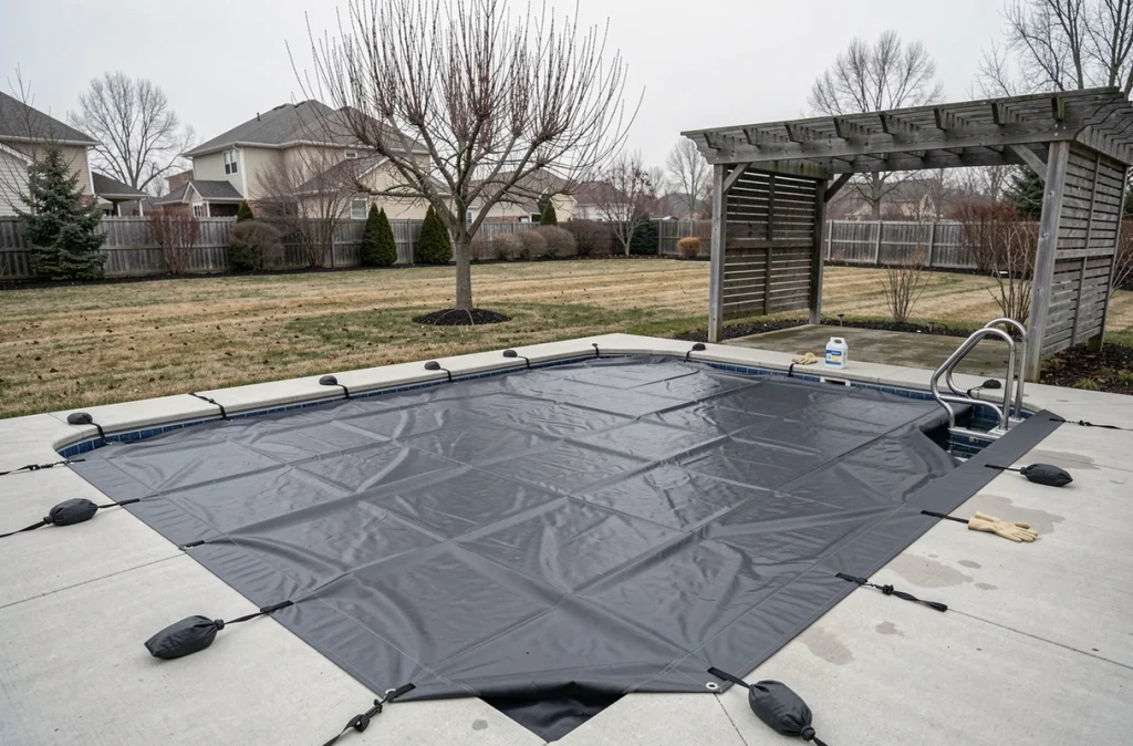 Piscine extérieure entièrement recouverte d'une bâche d'hivernage sécurisée dans un jardin en automne