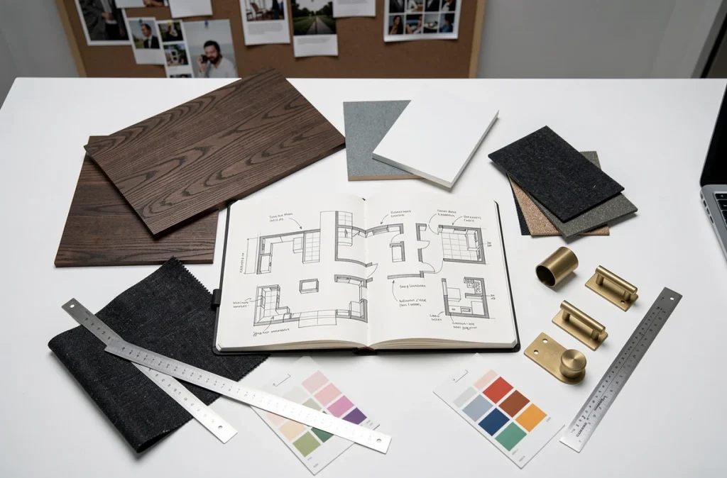 Vue aérienne d'un plan d'aménagement de studio avec échantillons de matériaux pour mobilier modulable, esquisses de disposition et règles de décorateur sur fond blanc épuré