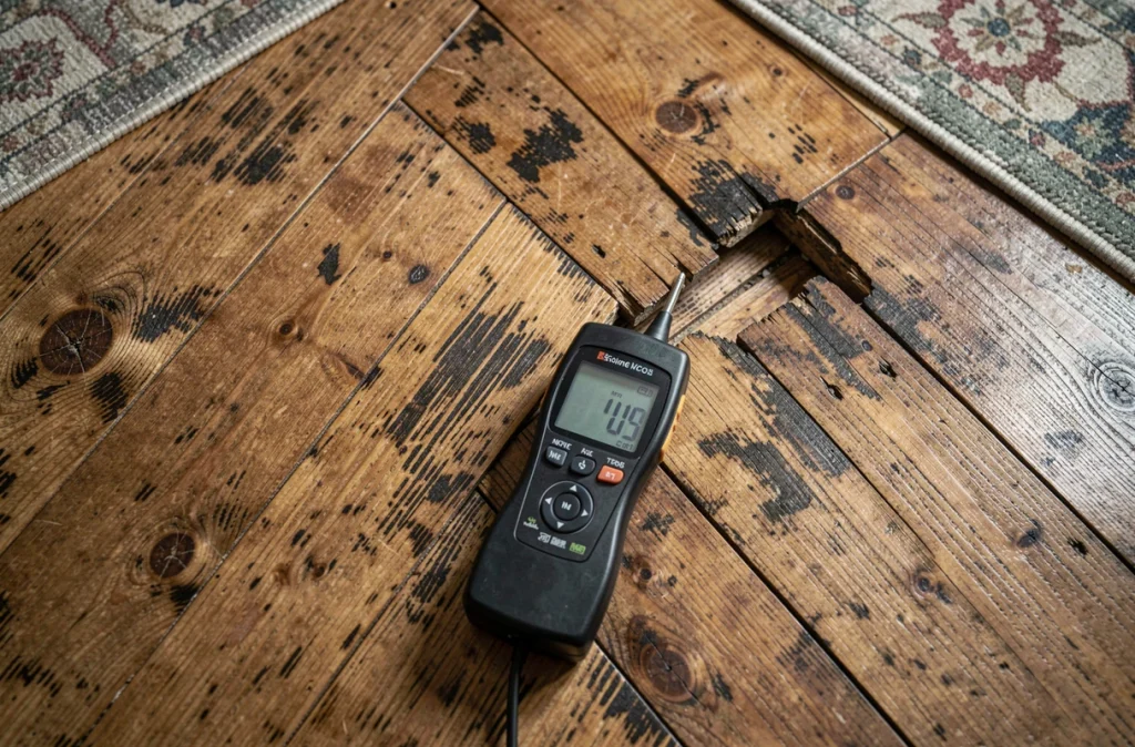 Gros plan sur un plancher en bois abîmé par l'humidité avec hygromètre posé sur les lames