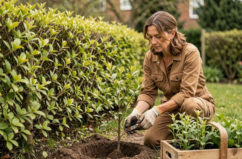 Femme plantant un arbuste indigène au pied d'une haie de charme et de hêtre dans un jardin suburban au printemps pour favoriser la biodiversité