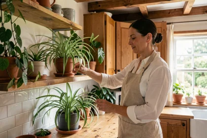 Femme arrangeant une plante dépolluante chlorophytum dans une cuisine en bois avec étagère de plantes vertes