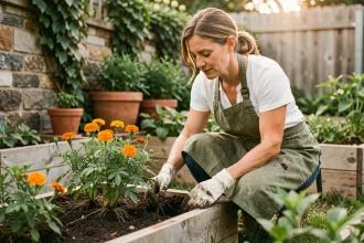 Femme plantant des œillets d'Inde entre des plants de tomates dans un potager bio sans pesticides