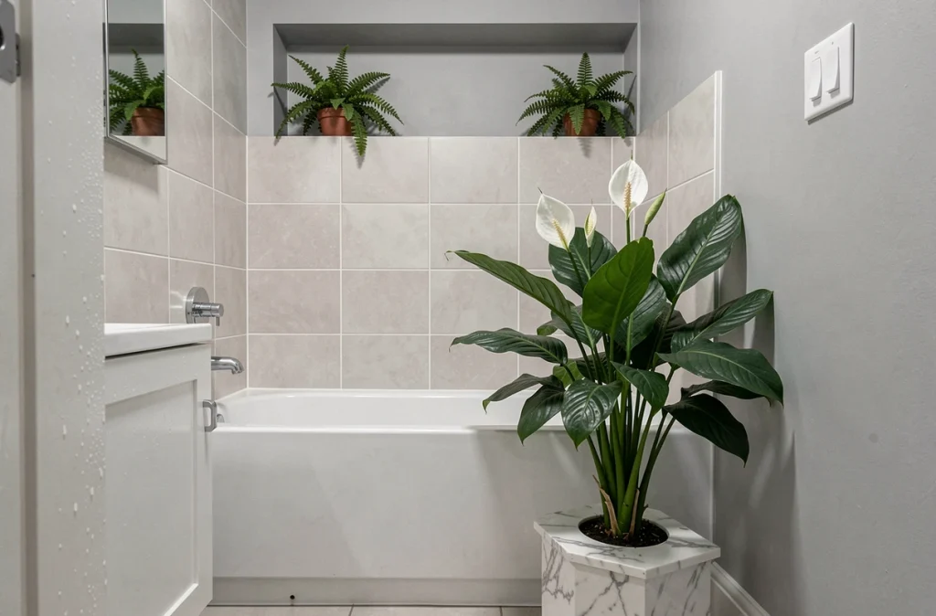 Salle de bain épurée avec un lys de la paix et des fougères, plantes dépolluantes pour l'humidité
