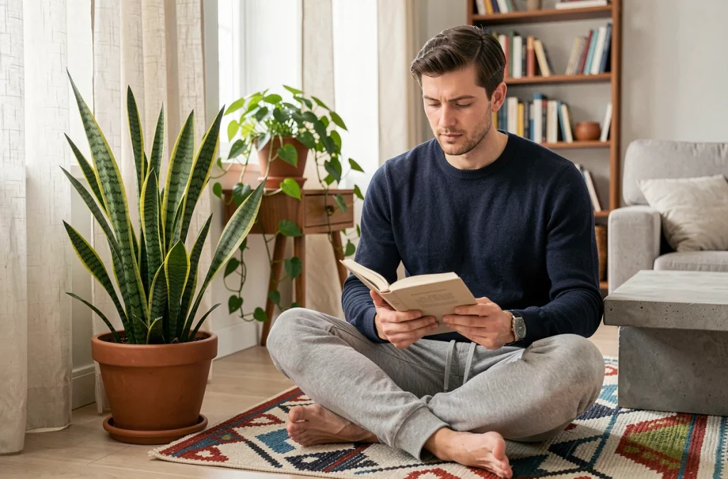 Homme lisant dans un salon scandinave entouré de plantes dépolluantes sansevieria et pothos