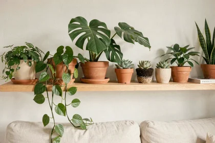 Étagère en bois avec une collection de plantes d'intérieur dans un salon scandinave moderne