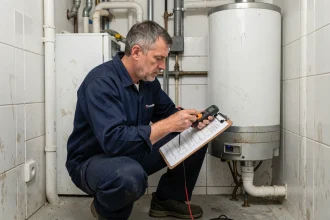 Plombier inspectant un chauffe-eau électrique dans une buanderie avec multimètre et fiche de contrôle