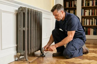 Plombier réglant le pied ajustable d'un radiateur en fonte contre un mur blanc dans un appartement haussmannien