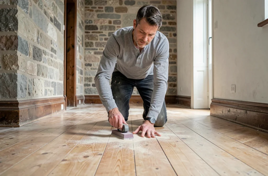 Homme ponçant à la main un vieux parquet en pin dans un appartement haussmannien en cours de rénovation hivernale