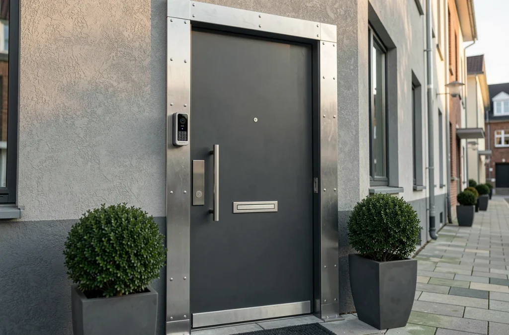Porte d'entrée blindée avec visiophone connecté et clavier à code pour sécuriser l'accès d'un logement urbain contre les cambriolages